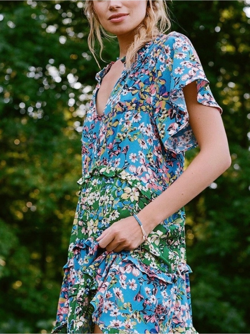 By Anthropologie Robin Mini Dress Tiered Ruffle Floral Oversized Flutter Boho XS